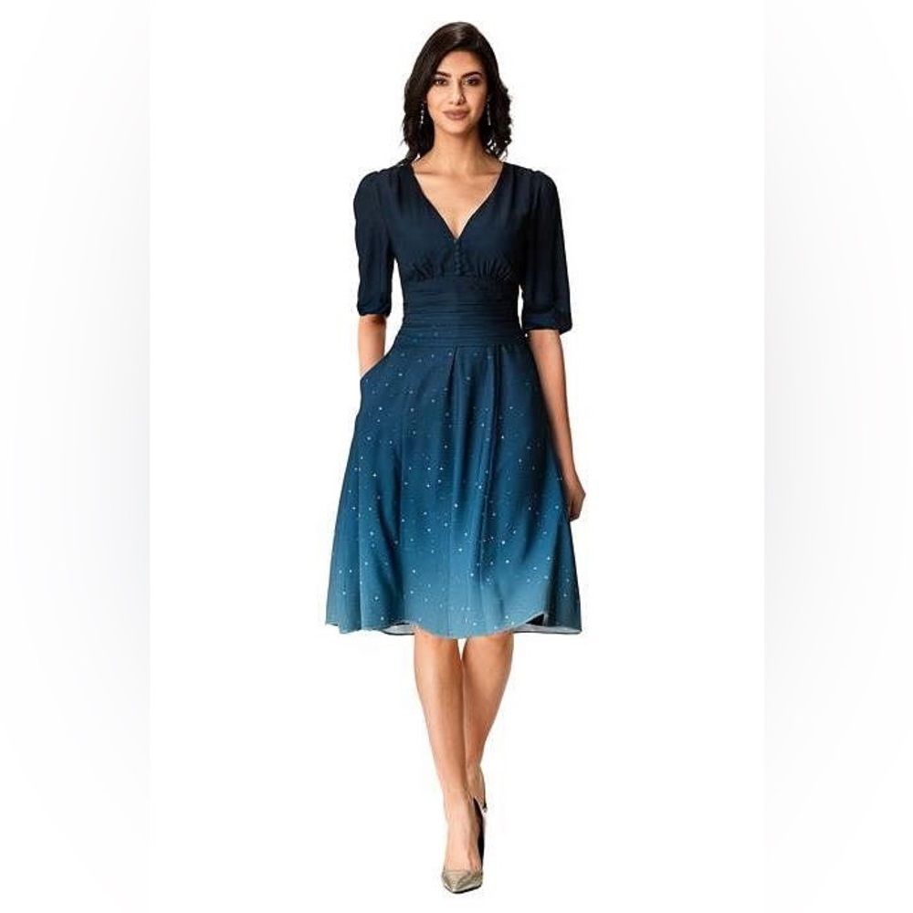 Ombre star print crepe pleated empire dress